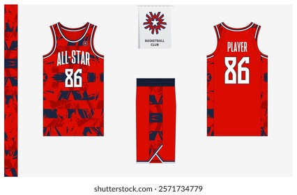 Basketball uniform mockup template design for sport club. Basketball jersey, basketball shorts in front, back view and side view. Basketball logo design. Vector Illustration