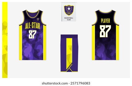 Basketball uniform mockup template design for sport club. Basketball jersey, basketball shorts in front, back view and side view. Basketball logo design. Vector Illustration