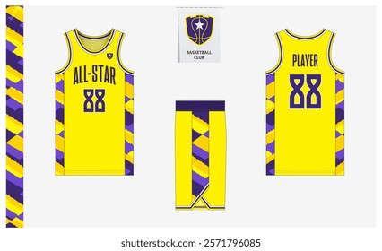 Basketball uniform mockup template design for sport club. Basketball jersey, basketball shorts in front, back view and side view. Basketball logo design. Vector Illustration