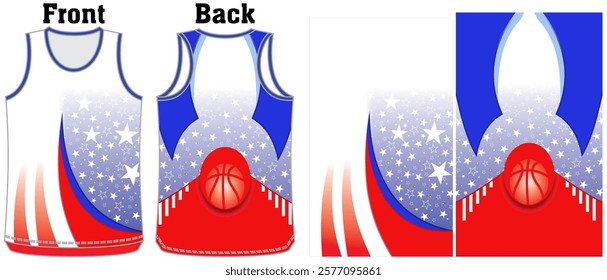 Basketball uniform mockup template design for sport club. Red and blue basketball jersey, basketball shorts in front, back view . Basketball logo design. Vector Illustration