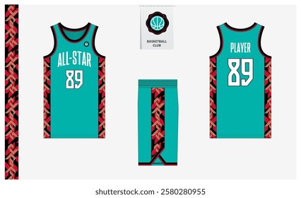 Basketball uniform mockup template design for sport club. Basketball jersey, basketball shorts in front, back view and side view. Basketball logo design. Vector Illustration