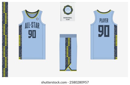 Basketball uniform mockup template design for sport club. Basketball jersey, basketball shorts in front, back view and side view. Basketball logo design. Vector Illustration