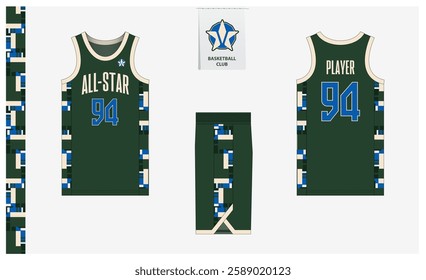 Basketball uniform mockup template design for sport club. Basketball jersey, basketball shorts in front, back view and side view. Basketball logo design. Vector Illustration