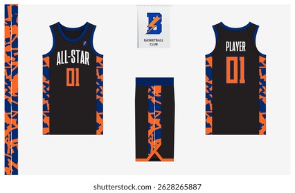 Basketball uniform mockup template design for sport club. Basketball jersey, basketball shorts in front, back view and side view. Basketball logo design. Vector Illustration