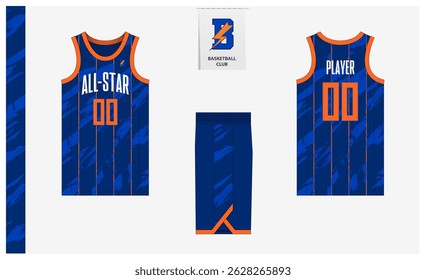 Modelo de modelo de maquete uniforme de basquete para clube esportivo. Camiseta de basquete, calções de basquete na frente, vista traseira e vista lateral. Design do logotipo do basquete. Ilustração de vetor