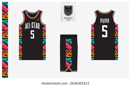 Basketball uniform mockup template design for sport club. Basketball jersey, basketball shorts in front, back view and side view. Basketball logo design. Vector Illustration