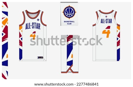 Basketball uniform mockup template design for sport club. Basketball jersey, basketball shorts in front, back view and side view. Basketball logo design. Vector Illustration