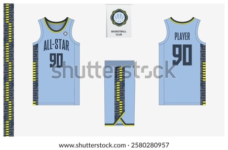 Basketball uniform mockup template design for sport club. Basketball jersey, basketball shorts in front, back view and side view. Basketball logo design. Vector Illustration