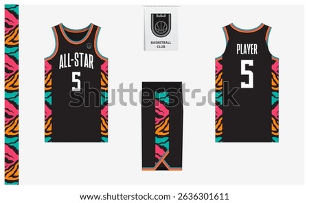 Basketball uniform mockup template design for sport club. Basketball jersey, basketball shorts in front, back view and side view. Basketball logo design. Vector Illustration