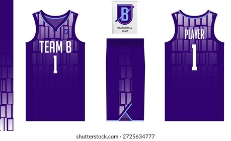 Modelo de maquete uniforme de basquete em design plano com estilo de colar wishbone. Camiseta Singlet em vista frontal, vista traseira e vista lateral de calções de basquete. Ilustração de vetor.