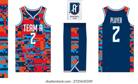 Modelo de maquete uniforme de basquete em design plano com estilo de colar wishbone. Camiseta Singlet em vista frontal, vista traseira e vista lateral de calções de basquete. Ilustração de vetor.