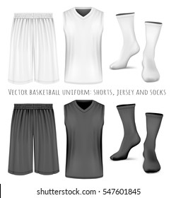 Basketball Uniform: Shorts, Jersey And Socks. Black And White Variants Of Sport Clothing.. Fully Editable Handmade Mesh. Vector Illustration Of Clothes.