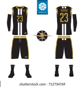 Basketball uniform, shorts, socks template for basketball club. Front and back view sport jersey. Tank top t-shirt mock up with basketball flat logo design on label. Vector Illustration.