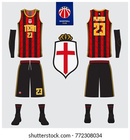 Basketball uniform, shorts, socks template for basketball club. Front and back view sport jersey. Tank top t-shirt mock up with basketball flat logo design on label. Vector Illustration.