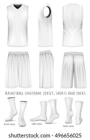 Basketball uniform: sleeveless top, shorts and socks. Front, back and side views. Vector illustration. Fully editable handmade mesh.