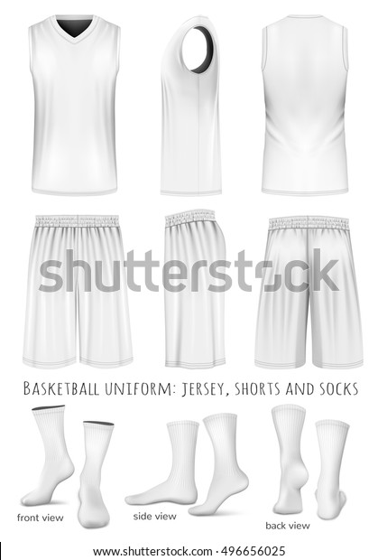 Basketball uniform: sleeveless top, shorts and\
socks. Front, back and side views. Vector illustration. Fully\
editable handmade\
mesh.