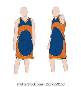 Basketball uniform or sport jersey, basketball club. Sleeveless basketbal design front and back view. Tank top t-shirt mock up with basketball flat logo design. Vector Illustration