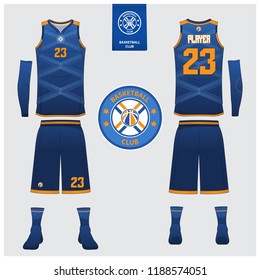Basketball uniform or sport jersey, shorts, socks template for basketball club. Front and back view sport t-shirt design. Tank top t-shirt mock up with basketball flat logo design. Vector Illustration