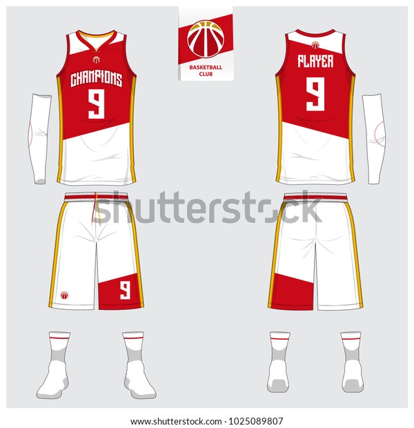 Basketball uniform or sport jersey, shorts,\
socks template for basketball club. Front and back view sport\
t-shirt design. Tank top t-shirt mock up with basketball flat logo\
design. Vector\
Illustration