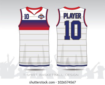 Basketball uniform or sport jersey template for basketball club. Front and back view sport t-shirt design. Tank top t-shirt mock up with basketball flat logo design. Vector Illustration.