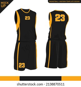 Basketball uniform template design. Black and Orange Tank top t-shirt mockup for basketball club. Front view and back view sport jersey. Isolated white background. Vector Illustration.