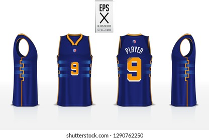 Basketball uniform template design for basketball club. Tank top t-shirt mockup for basketball jersey. Front view, back view and side view basketball shirt. Vector Illustration.