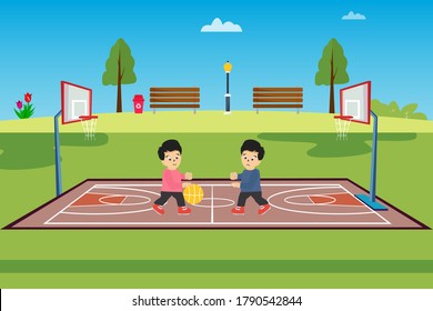 Basketball vector concept: boy playing basketball with his friend at the park court