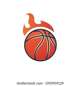 Ilustración de diseño plano vectorial de baloncesto aislada en fondo transparente. Balón deportivo naranja con llamas. 