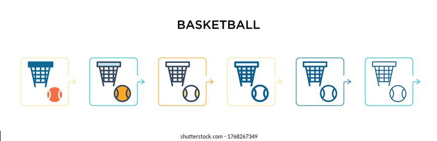 Basketball vector icon in 6 different modern styles. Black, two colored basketball icons designed in filled, outline, line and stroke style. Vector illustration can be used for web, mobile, ui