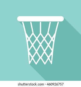 Basketball vector icon with long shadow. White illustration isolated on green background for graphic and web design.