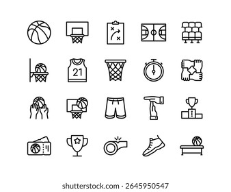 Basketball Vector Icon Set | Adjustable Line Weight | Ball, court, hoop, dunk, player, jersey, score, basket, match, game, sport, net, training, arena icons