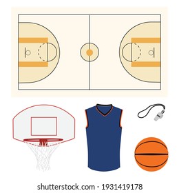 Basketball vector icon set with basketball ball, hoop, whistle court and jersey or uniform.