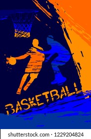 Basketball vector illustration, sport background in grunge style with splashes of paint splatter for poster, invitation, booklet, flyer, greeting card