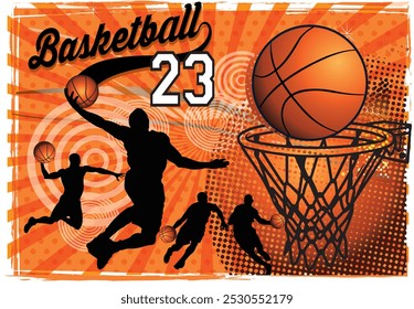 Basketball vector on an orange background featuring a basketball player performing a slam dunk.  Basketball sport hobby competition and game theme Vector illustration