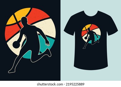 Basketball Vector, Retro Vintage Basketball T Shirt Design With Basketball Player Silhouette