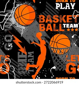 Vector de baloncesto sin patrón. Diseño de la impresión del deporte para el muchacho en el fondo negro