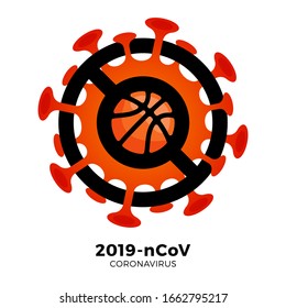 Basketball-Vektorillustration Vorsicht beim Koronavirus. Stopp des Ausbruchs 2019-nCoV. Koronavirus-Gefahr und Risiko für die öffentliche Gesundheit und Grippe-Ausbruch. Stornierung des Konzepts für Sportveranstaltungen und Spiele