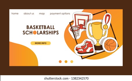 Basketball vector sport basket-ball landing page of website with net hoop on basketball-court illustration sportive web banner design backdrop illustration background.