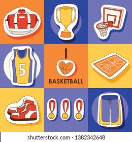 Basketball vector sport sticker sportswear medal cup net hoop on basketball court illustration set of sportive clothes for gym banner set backdrop illustration background.