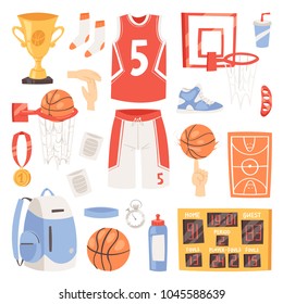 Basketball vector sportswear and ball in net hoop on basketball court illustration set of sportsman clothes for gym isolated on white background