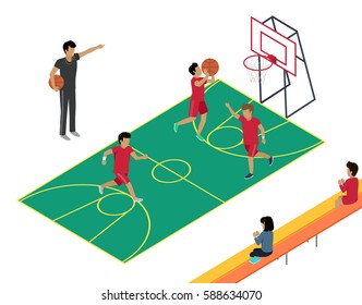 Basketball vector training with three players, one throwing ball in basket and two running around; coach holding ball, whistling and pointing direction with his hand, two people sitting on bench