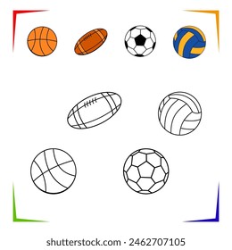 Basketball, Volleyball, American football ball Coloring Page. Vector Educational worksheet. Paint game. Elements for coloring book, page, design illustrations in the style of outline for kids.