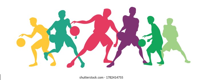 Basketball, volleyball. Colored silhouettes of people playing with a ball, athletes. Vector set of people in motion. Composition