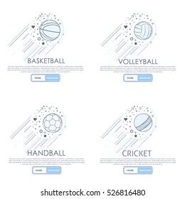 Basketball, Volleyball, Handball, Cricket Concept Thin Line Icons Set, Basic Flat Web Elements with Website or Application Presentation Page Design