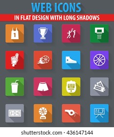 Basketball web icons in flat design with long shadows
