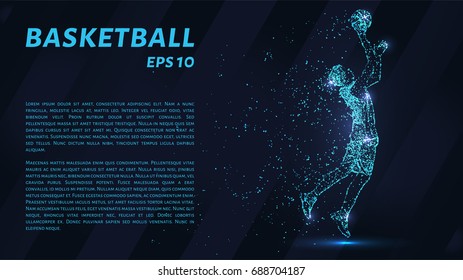 Basketball which is composed of pixels. Particles in the form of a basketball player on a dark background. Vector illustration. Graphic concept of basketball.