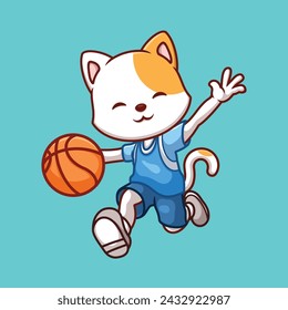 Basketball White Cat Cute Cartoon Character Illustration