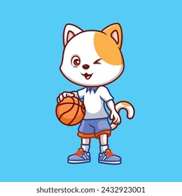 Basketball Weiße Katze Nette Cartoon Figur Illustration