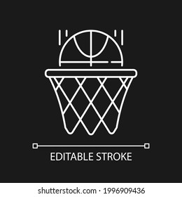 Basketball white linear icon for dark theme. Team sport for exercise. Score goal with ball in hoop. Thin line customizable illustration. Isolated vector contour symbol for night mode. Editable stroke