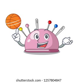 With basketball wicker basket on a pincushion cartoon